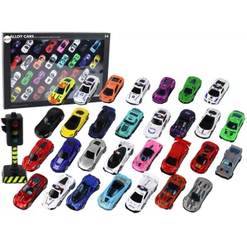 LEAN TOYS Alumīnija atsperu automašīnu komplekts kastē 30 gab. Policijas un sporta automašīnas