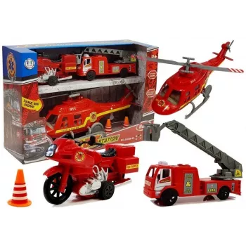 LEAN TOYS Ugunsdzēsēju transportlīdzekļu komplekts: Helikopters, Motocikls, Gaisma un Skaņa