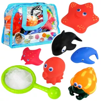 LEAN TOYS Vannas jūras dzīvnieku komplekts, gumijas zvejas sietiņš, 12 gab.