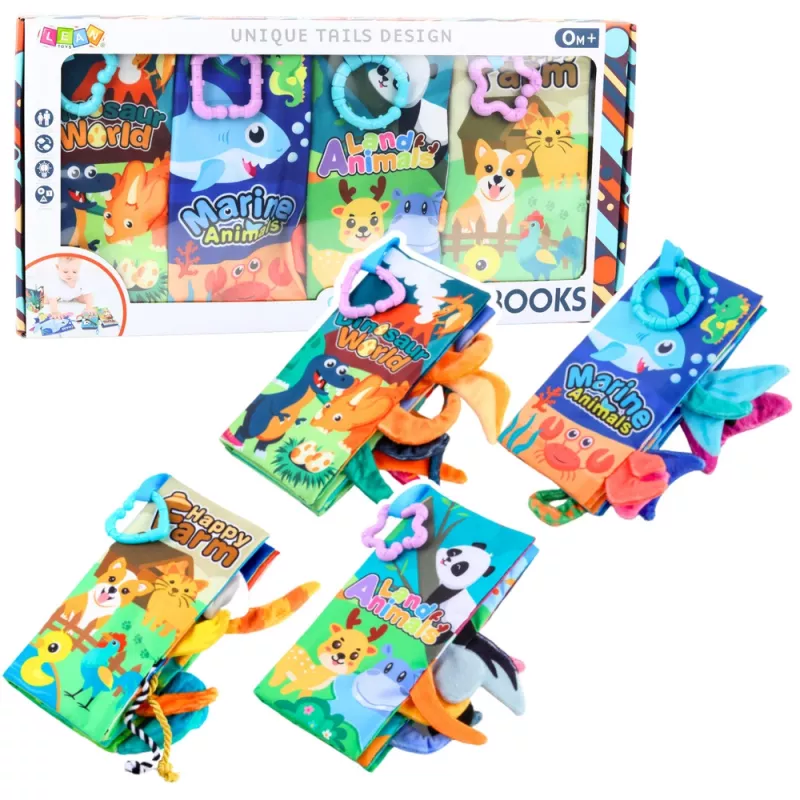 LEAN TOYS Mīkstu krāsainu izglītojošu sensoro grāmatiņu komplekts mazuļiem 4 gab.