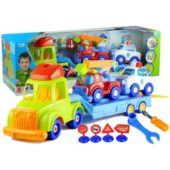 LEAN TOYS Transportlīdzekļu komplekts Policijas auto Ugunsdzēsēju auto Autotransporta piekabe Skrūvējami transportlīdzekļi