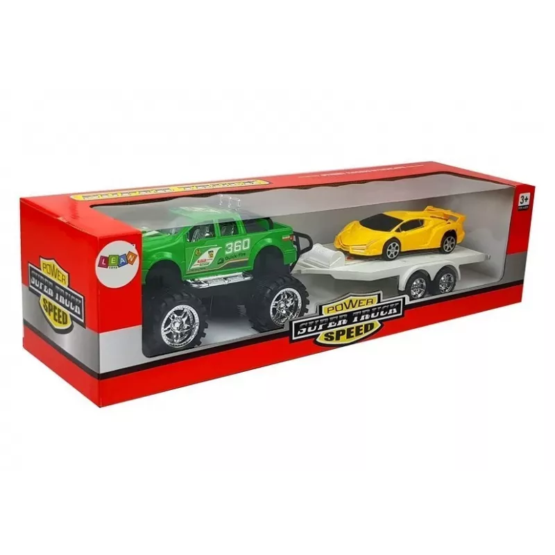 LEAN TOYS Transportlīdzekļu komplekts dzelteni sporta auto zaļi bezceļu auto ar berzes dzinēju