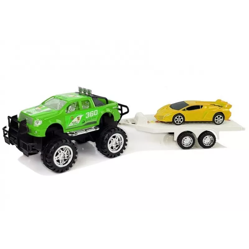 LEAN TOYS Transportlīdzekļu komplekts dzelteni sporta auto zaļi bezceļu auto ar berzes dzinēju