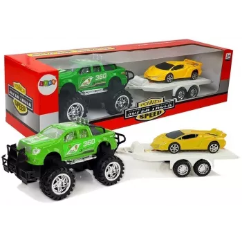 LEAN TOYS Transportlīdzekļu komplekts dzelteni sporta auto zaļi bezceļu auto ar berzes dzinēju