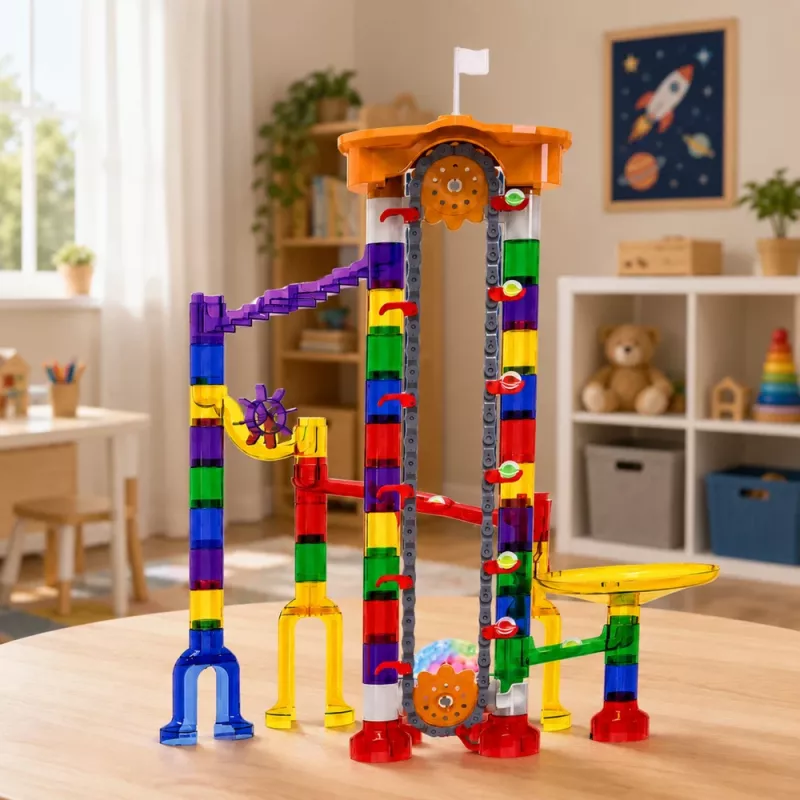 LEAN TOYS Space Track konstruktors 153 gab. - 3D krāsains bumbiņu trases komplekts ar tuneļiem un bumbiņām