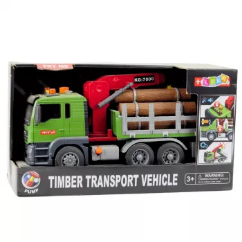 LEAN TOYS Timber Transport Truck ar celtni, baļķiem, gaismām un skaņām – būvniecības transportlīdzekļa rotaļlieta