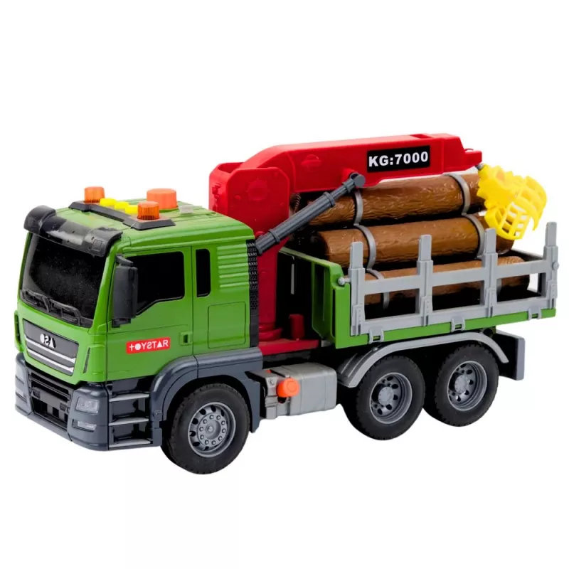 LEAN TOYS Timber Transport Truck ar celtni, baļķiem, gaismām un skaņām – būvniecības transportlīdzekļa rotaļlieta