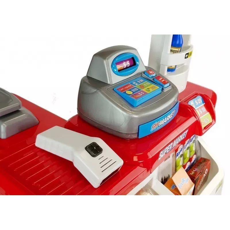 LEAN TOYS Rotaļlietu tirgus ar ratiņiem, kases aparātu, skeneri un pārtikas precēm