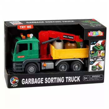 LEAN TOYS Atkritumu šķirošanas mašīna ar celtni, konteineriem, berzes piedziņu, gaismu un skaņu