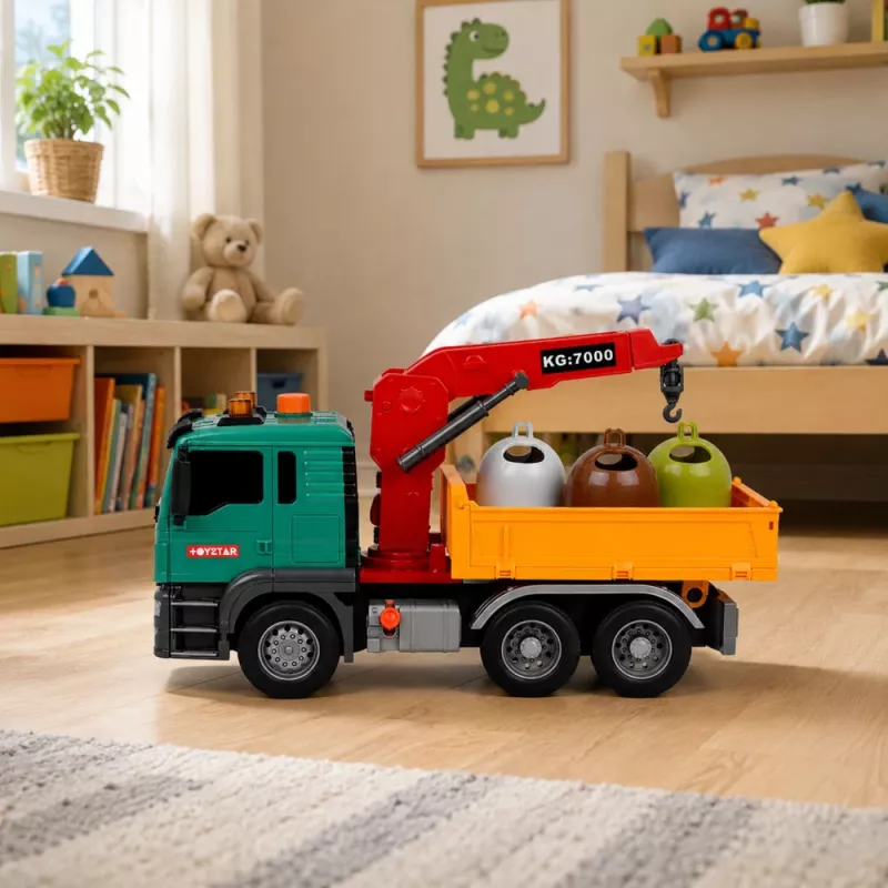 LEAN TOYS Atkritumu šķirošanas mašīna ar celtni, konteineriem, berzes piedziņu, gaismu un skaņu