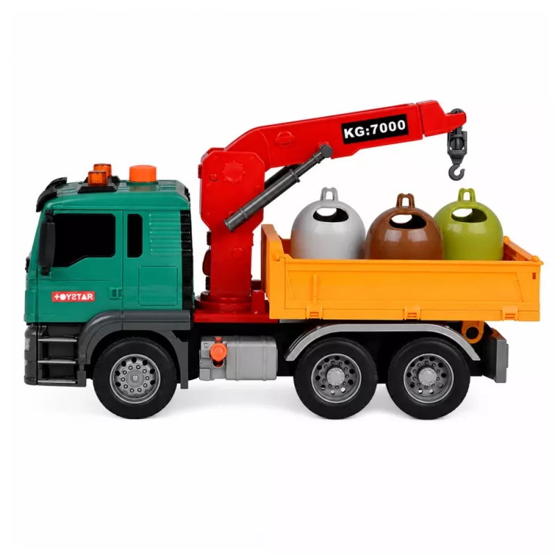 LEAN TOYS Atkritumu šķirošanas mašīna ar celtni, konteineriem, berzes piedziņu, gaismu un skaņu
