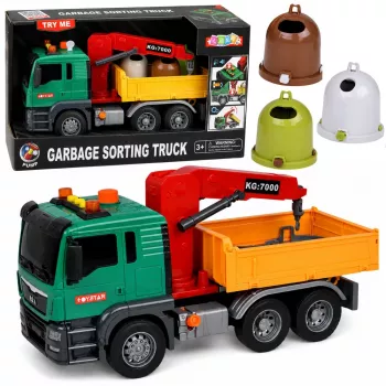 LEAN TOYS Atkritumu šķirošanas mašīna ar celtni, konteineriem, berzes piedziņu, gaismu un skaņu