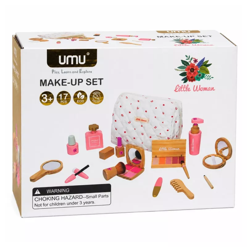 LEAN TOYS Koka skaistumkopšanas komplekts meitenēm ar baltu kosmētikas somiņu, 17 daļas