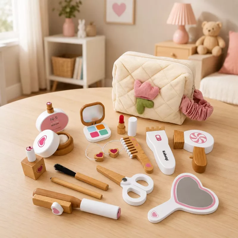 LEAN TOYS koka skaistumkopšanas komplekts, kosmētikas somiņa, aksesuāri, 16 gab.
