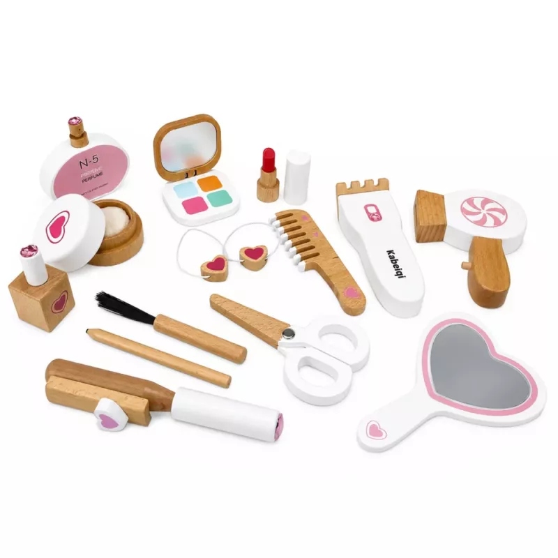 LEAN TOYS koka skaistumkopšanas komplekts, kosmētikas somiņa, aksesuāri, 16 gab.