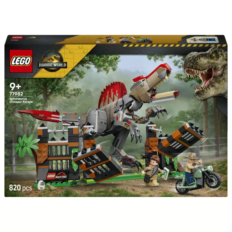 LEGO Jurassic World 77982 Spinosaurus dinozauru bēgšanas konstruktors ar Owen Grady un Claire Dearing minifigūrām (248 detaļas)