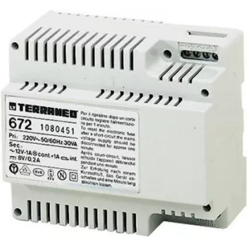 LEGRAND bticino 672 barošanas bloks durvju zvanu sistēmām, 230V AC uz 8V DC / 12V AC, 1.2A, DIN sliedes montāža, balts