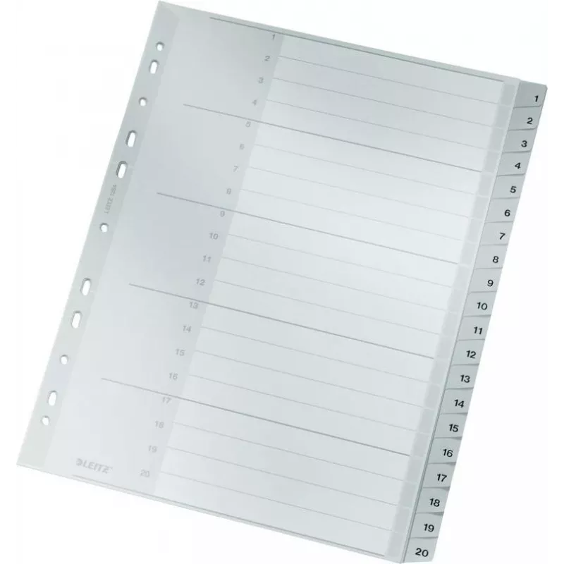 LEITZ 1284 A4 īpaši platais numurētais satura rādītājs 1-20, pelēks, 20 daļas, polipropilēns, 0,12 mm, ar rakstāmu vāka lapu 1284-00