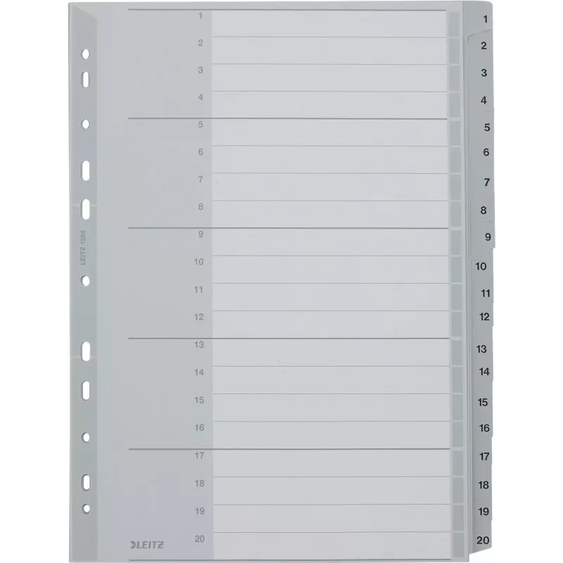 LEITZ 1284 A4 īpaši platais numurētais satura rādītājs 1-20, pelēks, 20 daļas, polipropilēns, 0,12 mm, ar rakstāmu vāka lapu 1284-00