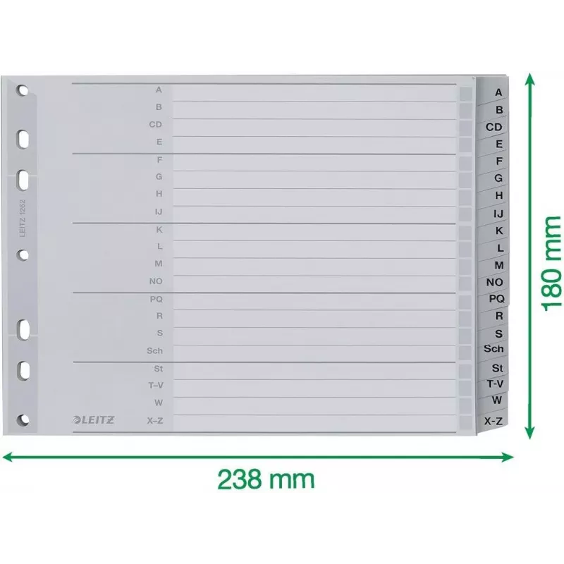 Leitz A-Z alfabētiskie atdalītāji, A4, pelēkas plastmasas cilnes uz 250 g/m² kartona, 20 daļas, 11 caurumu universālais perforators 1262-01-00