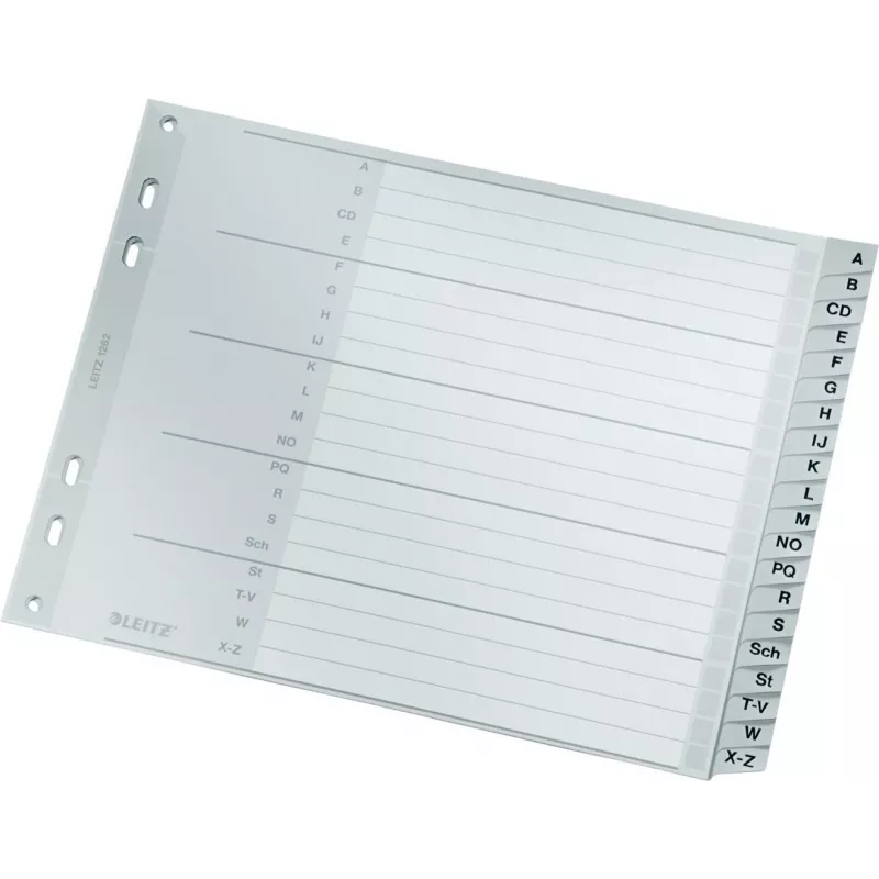 Leitz A-Z alfabētiskie atdalītāji, A4, pelēkas plastmasas cilnes uz 250 g/m² kartona, 20 daļas, 11 caurumu universālais perforators 1262-01-00