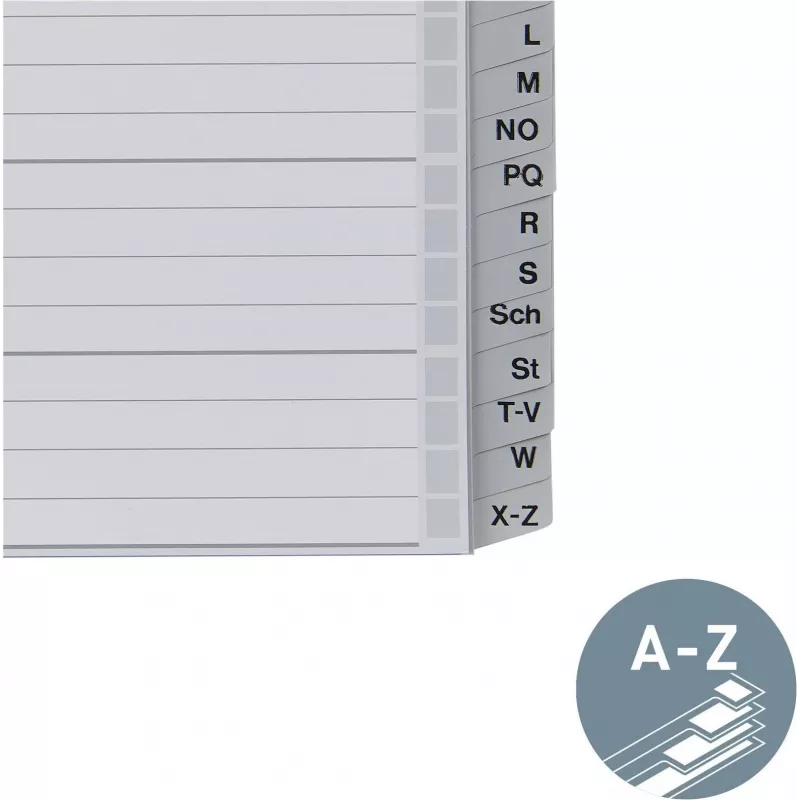 Leitz A-Z alfabētiskie atdalītāji, A4, pelēkas plastmasas cilnes uz 250 g/m² kartona, 20 daļas, 11 caurumu universālais perforators 1262-01-00