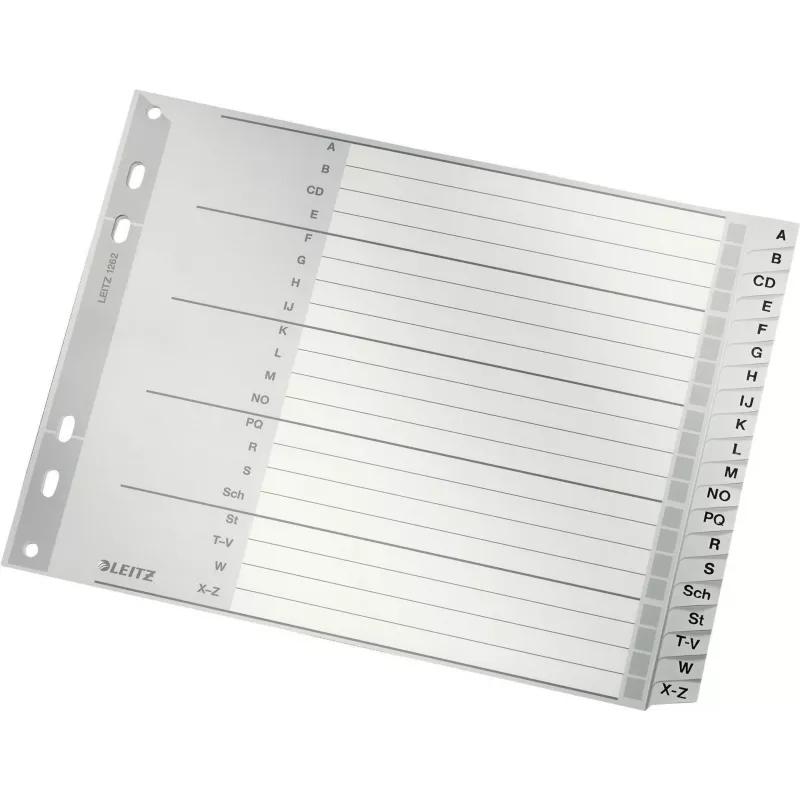 Leitz A-Z alfabētiskie atdalītāji, A4, pelēkas plastmasas cilnes uz 250 g/m² kartona, 20 daļas, 11 caurumu universālais perforators 1262-01-00