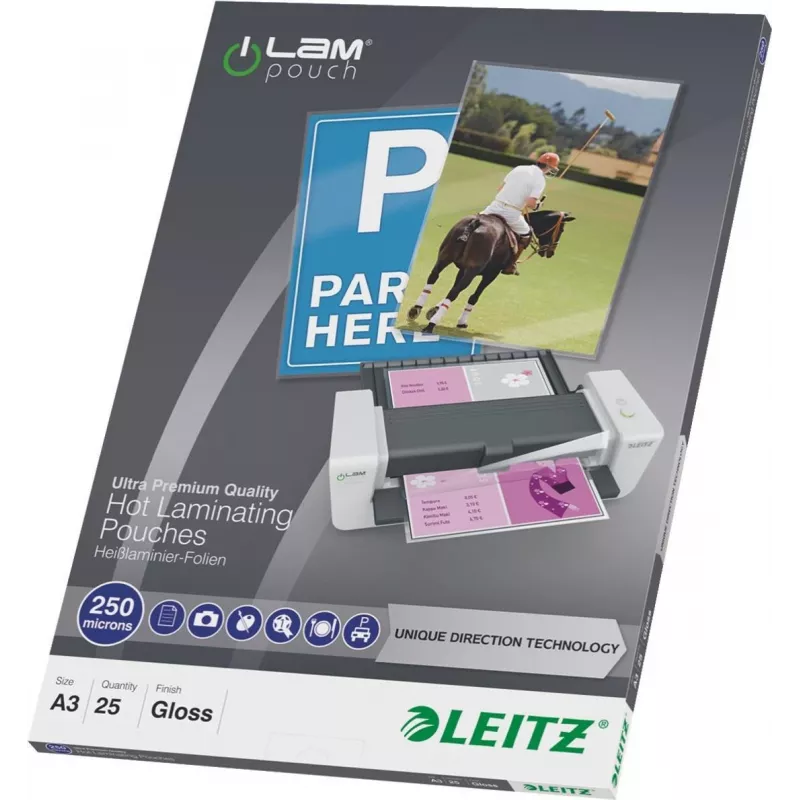 LEITZ A3 spīdīgas laminēšanas kabatas 250 mikroni Kristāldzidras, 25 gab. iepakojums (7491-00-00)