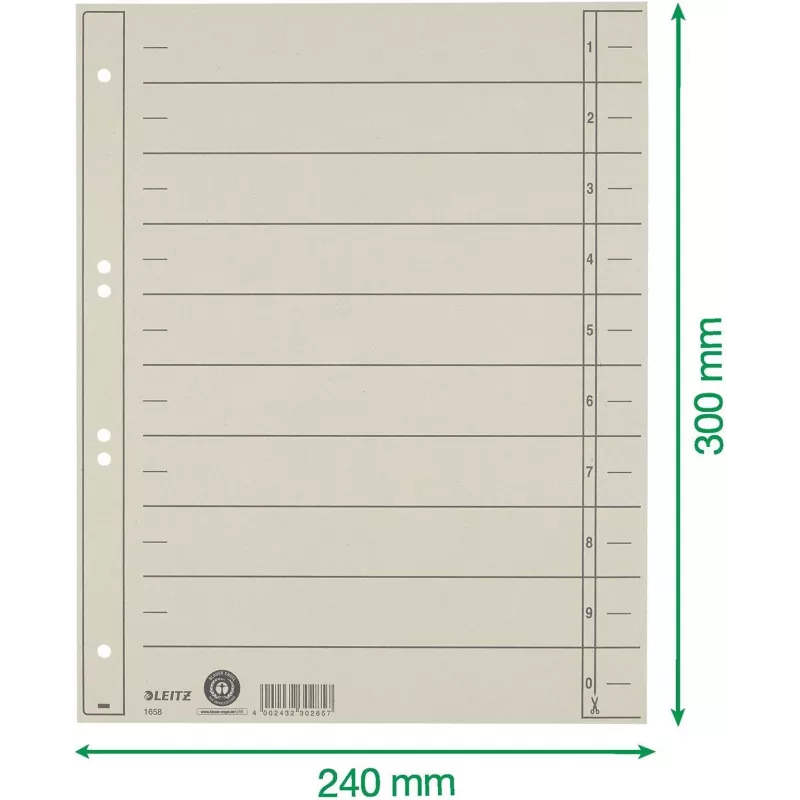 LEITZ A4 īpaši platie satura dalītāji, Manilas kartons 230 g/m², pelēks krāsots cauri, tukšas cilnes, 100 loksnes 1658-00-85