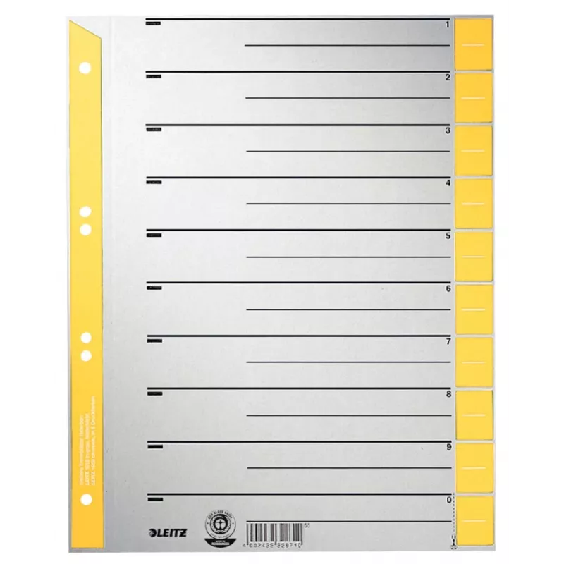LEITZ A4 īpaši plata kartona dokumentu nodalītāji, 230gsm, pelēki ar dzeltenām tukšām cilnēm, 10 daļu komplekts 1652-00-15