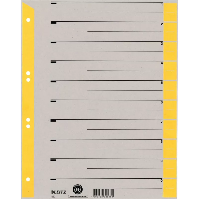 LEITZ A4 īpaši plata kartona dokumentu nodalītāji, 230gsm, pelēki ar dzeltenām tukšām cilnēm, 10 daļu komplekts 1652-00-15