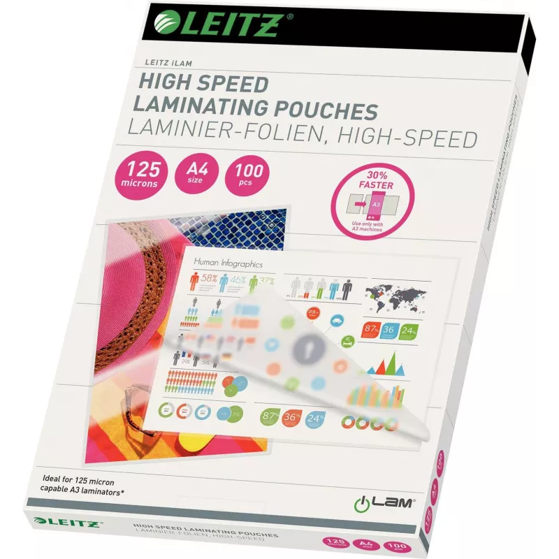 Leitz A4 laminēšanas kabatas, 80 mikroni, spīdīgas, 100 gab., bez aizķeršanās UDT 7430-00-02