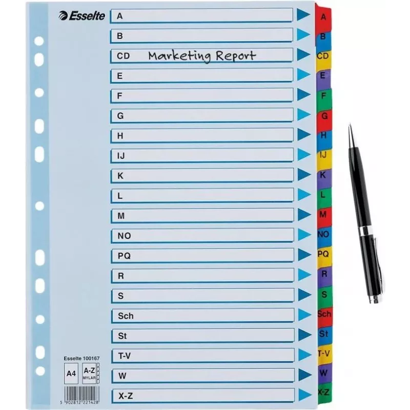 LEITZ A4 Mylar A–Z satura rādītāja atdalītāji, 26 iedaļas, daudzkrāsaini, universāls perforējums, 160 g/m², 1 komplekts (100167)