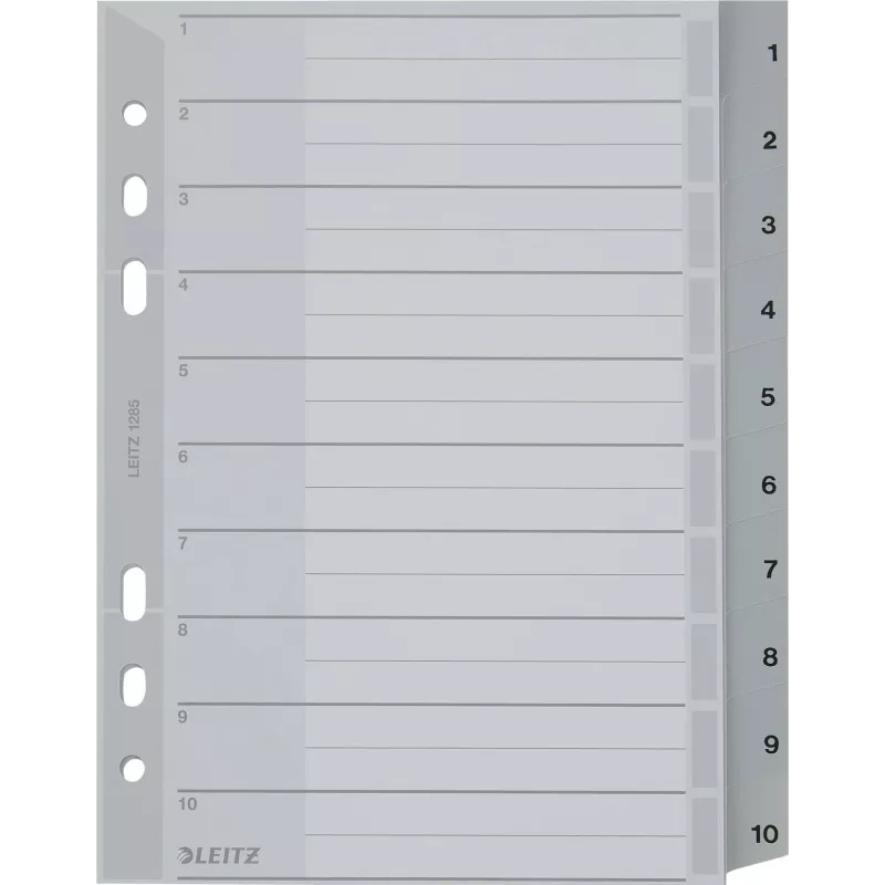 LEITZ A5 plastmasas atdalītāji, numurēti 1-10, pelēki, 10 daļas, polipropilēns, 0,12 mm, ar rakstāmu vāku 1285-00-00