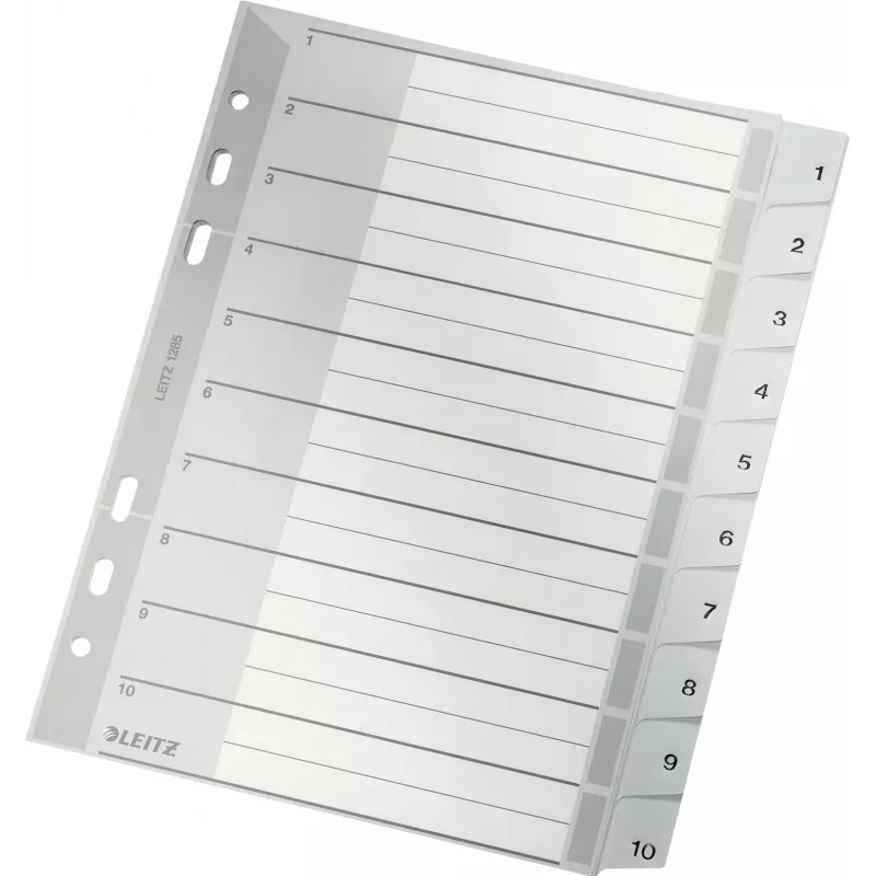 LEITZ A5 plastmasas atdalītāji, numurēti 1-10, pelēki, 10 daļas, polipropilēns, 0,12 mm, ar rakstāmu vāku 1285-00-00