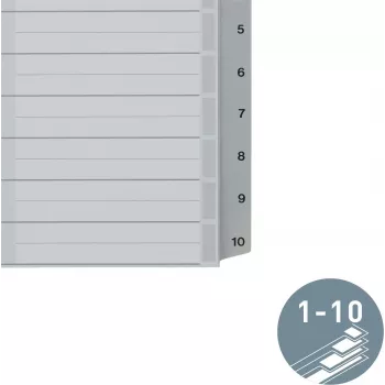 LEITZ A5 plastmasas atdalītāji, numurēti 1-10, pelēki, 10 daļas, polipropilēns, 0,12 mm, ar rakstāmu vāku 1285-00-00