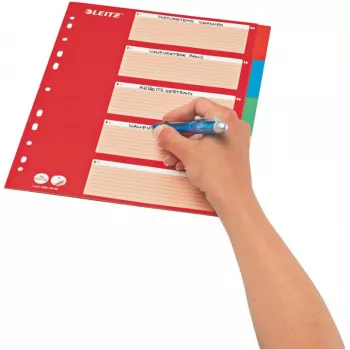 LEITZ kartona atdalītāji ar tukšām cilnēm, A4, 5 daļas, daudzkrāsaini, 160 g/m², ar sarkanu rakstāmu vāku 250 g/m² (4386-60-00)