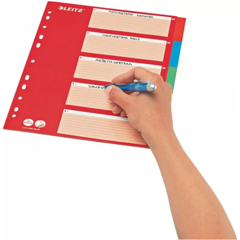 LEITZ kartona atdalītāji ar tukšām cilnēm, A4, 5 daļas, daudzkrāsaini, 160 g/m², ar sarkanu rakstāmu vāku 250 g/m² (4386-60-00)
