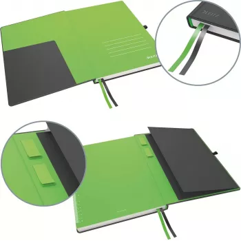 LEITZ Complete piezīmju grāmatiņa A5 rūtiņu, melna ādas izskata, 80 lapas ziloņkaula papīra, elastīga josla, pildspalvas turētājs 4473-00-95