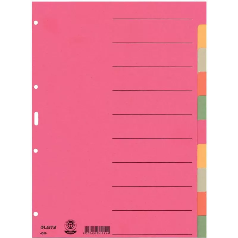 LEITZ Īpaši izturīgi kartona reģistru dalītāji, tukšas cilnes, A4, 10 daļas, daudzkrāsaini, 230 gsm, 5 krāsu krāsots kartons (4359-00-00)