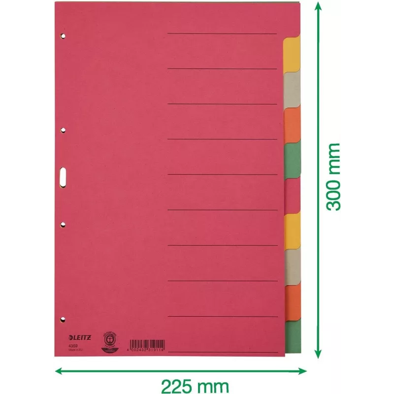 LEITZ Īpaši izturīgi kartona reģistru dalītāji, tukšas cilnes, A4, 10 daļas, daudzkrāsaini, 230 gsm, 5 krāsu krāsots kartons (4359-00-00)