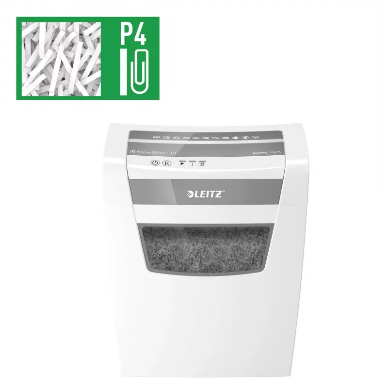 LEITZ IQ Home Office S P-4 daļiņu griezuma smalcinātājs, 8 loksnes, 10 L, balts (80360000)
