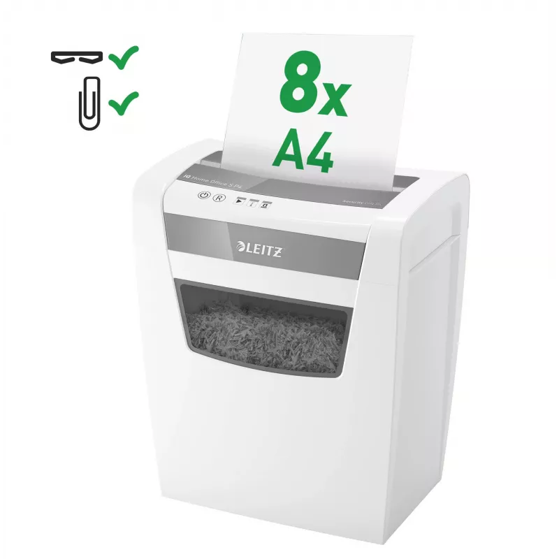 LEITZ IQ Home Office S P-4 daļiņu griezuma smalcinātājs, 8 loksnes, 10 L, balts (80360000)
