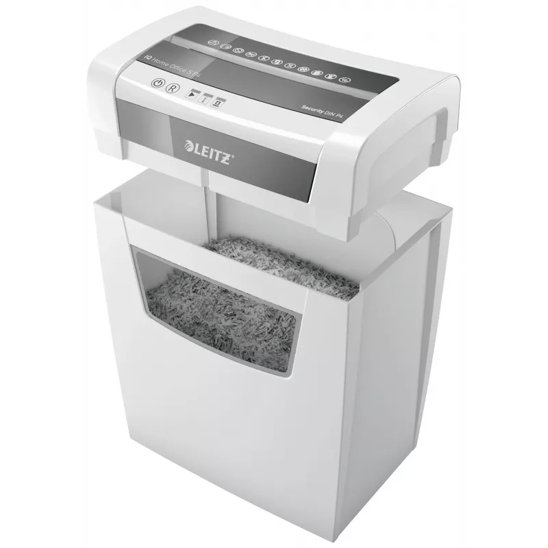 LEITZ IQ Home Office S P-4 daļiņu griezuma smalcinātājs, 8 loksnes, 10 L, balts (80360000)