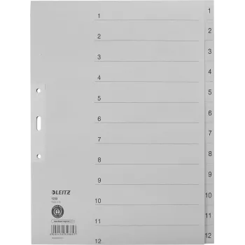 LEITZ Manila satura rādītāja atdalītāji, ciparu 1-12, A4 īpaši plats, pelēks, 12 daļas, 100 gsm, 80 mm perforācija, pastiprināti caurumi 1233-00-85