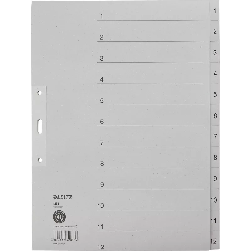 LEITZ Manila satura rādītāja atdalītāji, ciparu 1-12, A4 īpaši plats, pelēks, 12 daļas, 100 gsm, 80 mm perforācija, pastiprināti caurumi 1233-00-85