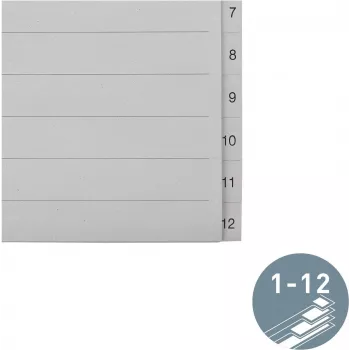 LEITZ Manila satura rādītāja atdalītāji, ciparu 1-12, A4 īpaši plats, pelēks, 12 daļas, 100 gsm, 80 mm perforācija, pastiprināti caurumi 1233-00-85