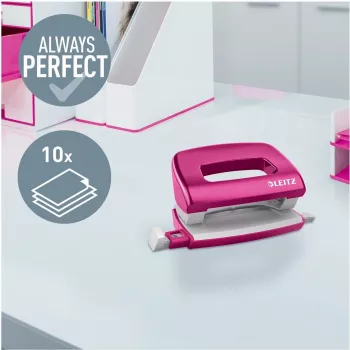 Leitz NeXXt Series WOW metāla mini perforators, rozā, 2 caurumi, 10 loksnes, metālisks apdare 5060-10-23
