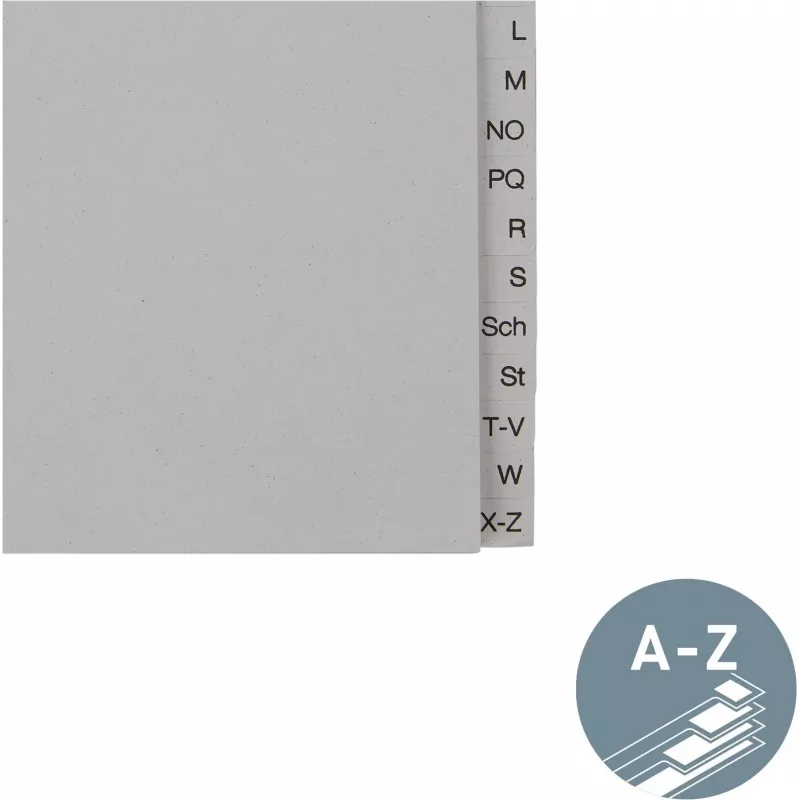 LEITZ Tauenpapier reģistrs, A-Z, A4, pusaugstuma, 20 daļu pelēks, 100 g/m², 80 mm perforācija, ar caurumu pastiprinājumu (6095-00-85)
