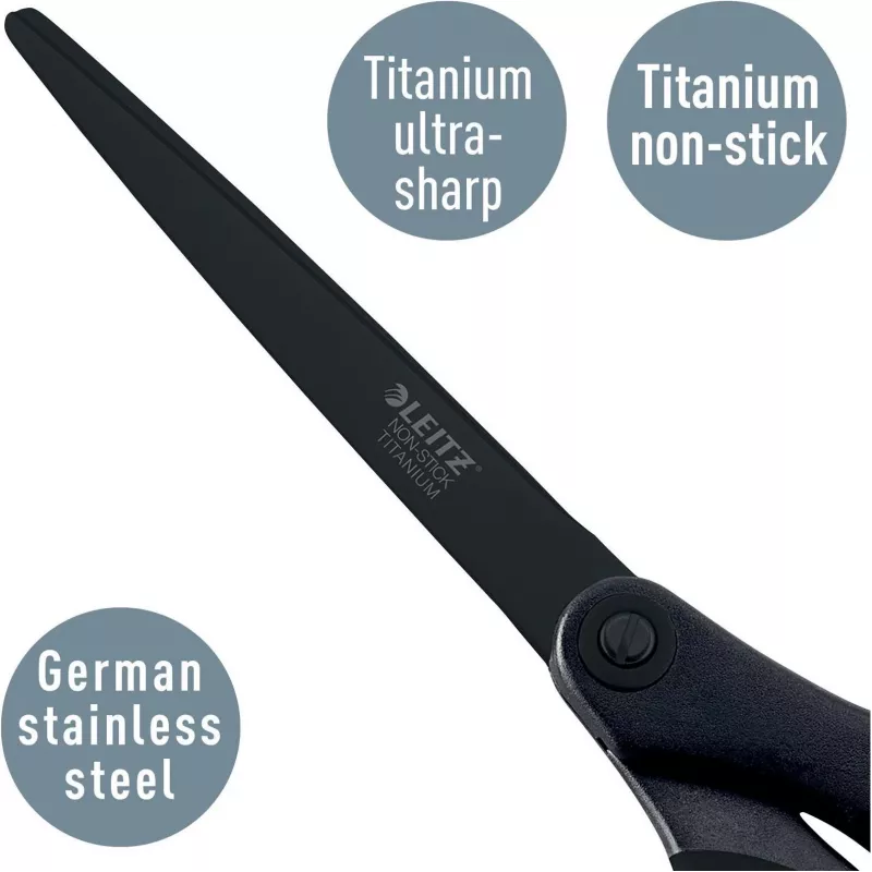 Leitz Titanium Quality šķēres 180 mm, nerūsējošā tērauda asmeņi ar titāna pārklājumu, ergonomiski rokturi ar mīkstu satvērienu, melnas/sarkanas, papīram un audumam 5419-60-95